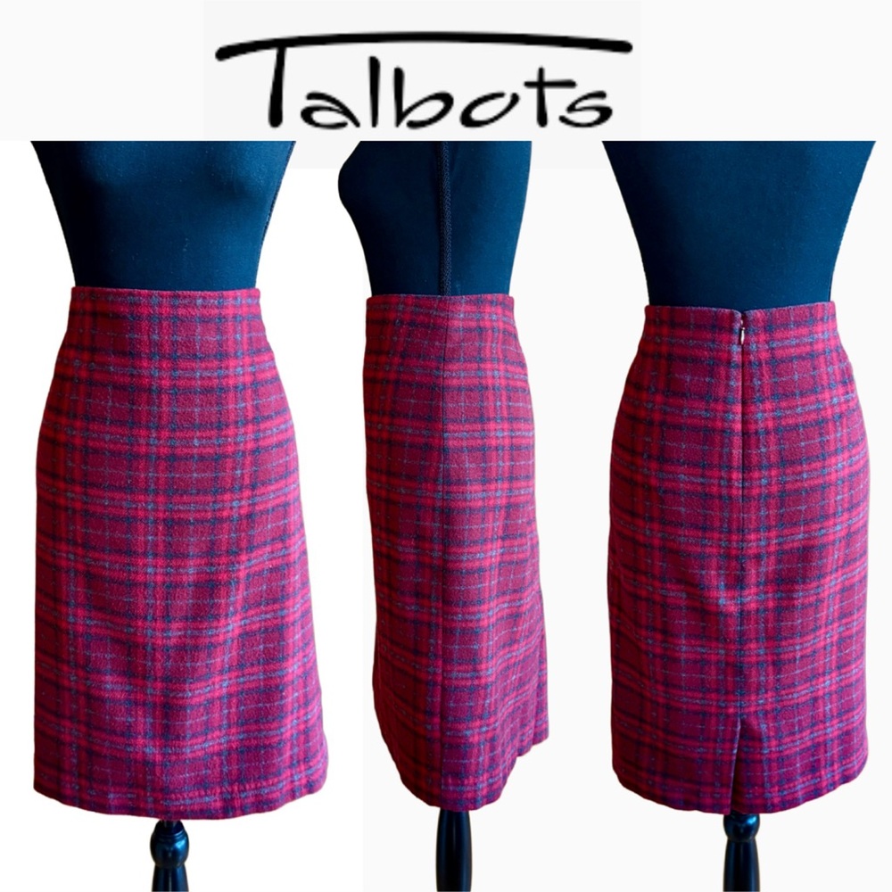 Talbots Red Gray Charcoal Wool Blend Plaid Lined Skirt (16)